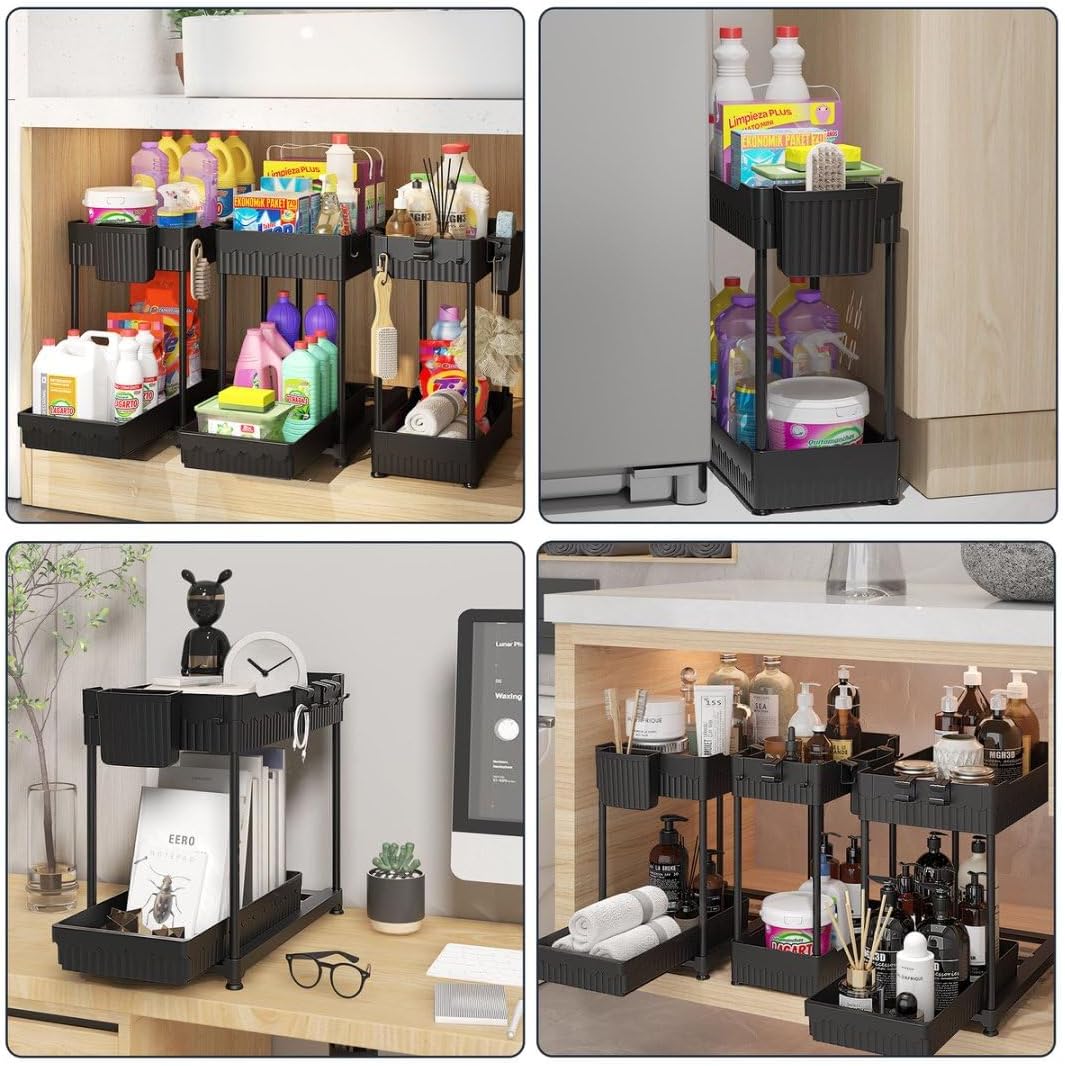 3 Pack Under Sink Organizers, 2-Tier Multi-Use Kitchen and Bathroom Organizers and Storage with Sliding Drawers，Bathroom Cabinet Organizer (Black, 12.8 Inch)