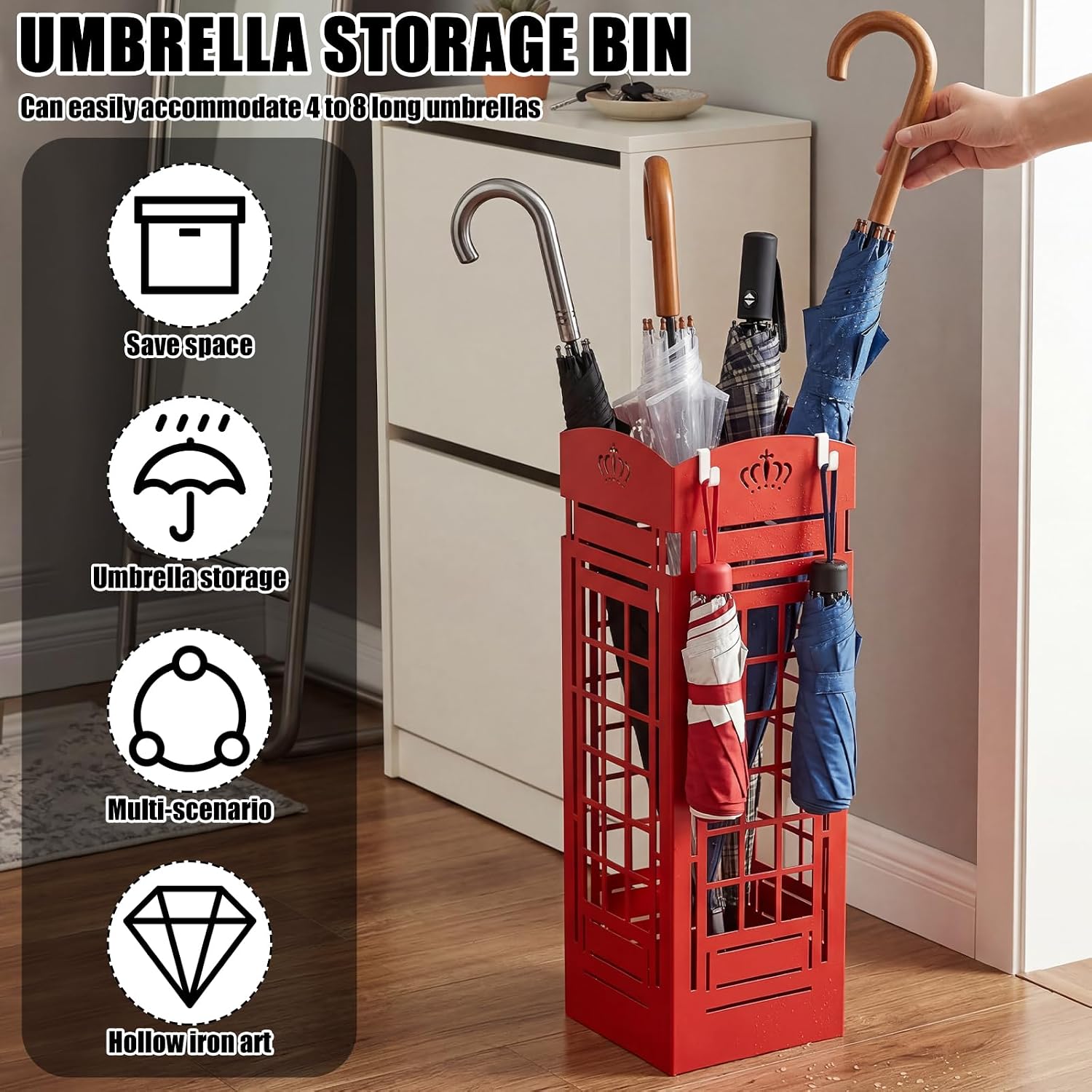 Square Metal Umbrella Holder, Square Free Standing Umbrella Rack Decorative Umbrella Holder Hollow Cutout Pattern Design for Umbrella Cane Entryway Home Office 19.49" X 6.1" X 6.1"(Red hollowed out)