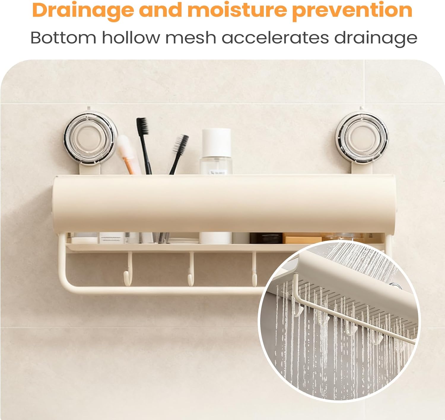 Bathroom Rack - Drill Free Shower Organizer, Rustproof Shelf, Adhesive Wall Mount, Hanging Hooks Bar | Space Saving Shower Storage for Shampoo Soap Body Wash Home Kitchen Apartment Dorm Accessories