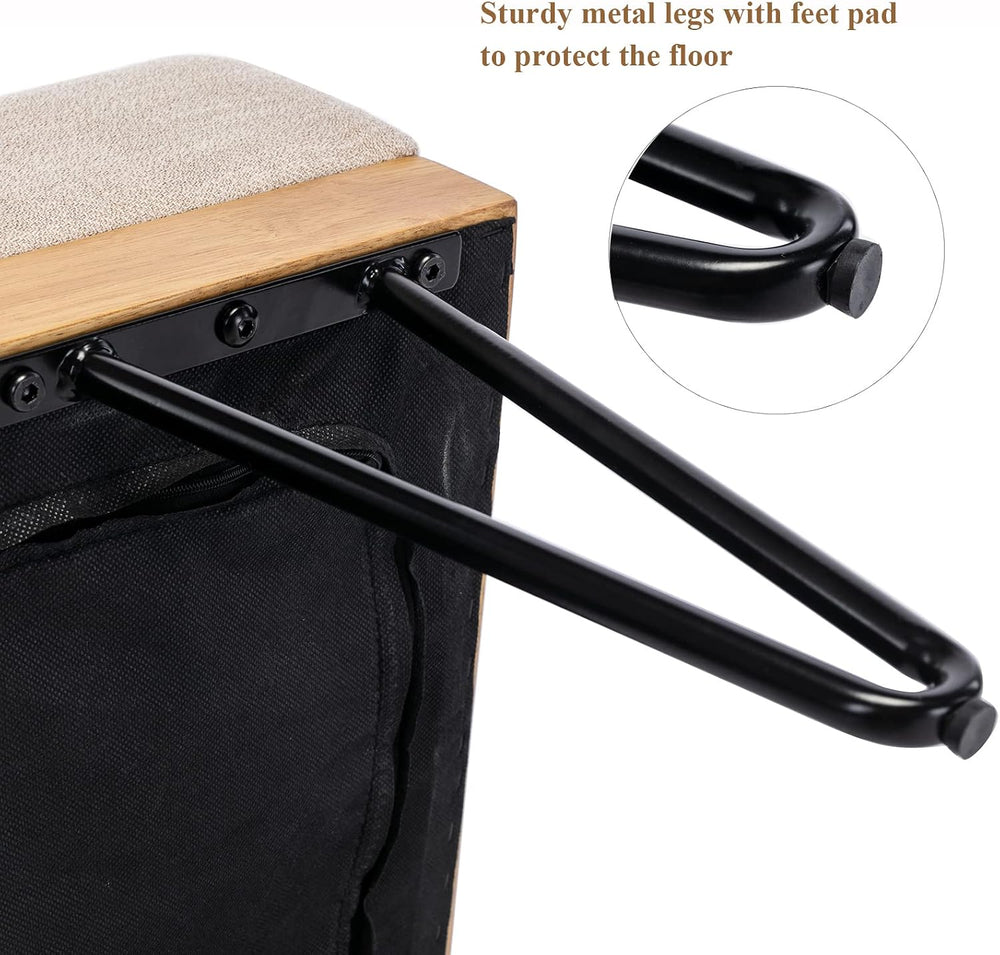 DUOMAY Industrial Modern Linen Rectangle Ottoman Bench with PU Strap and Meta...