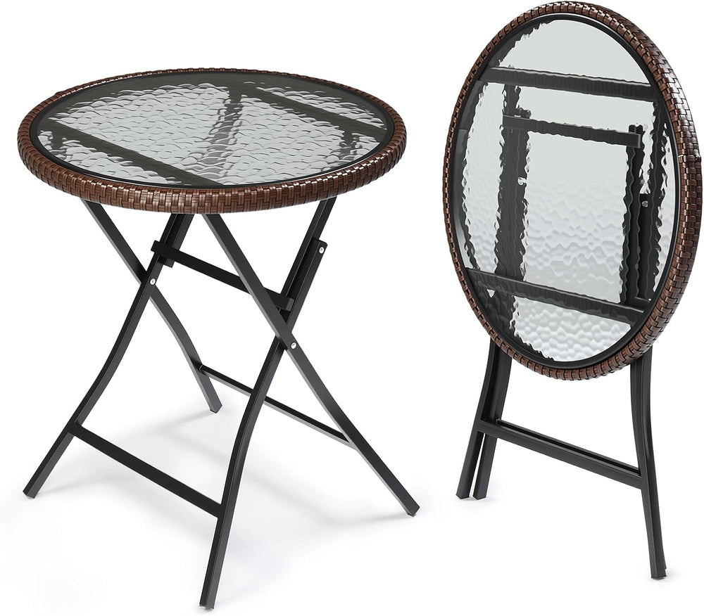 VINGLI 23.6in Modern Brown Rattan Folding Glass Outdoor Side Table, Small Pat...