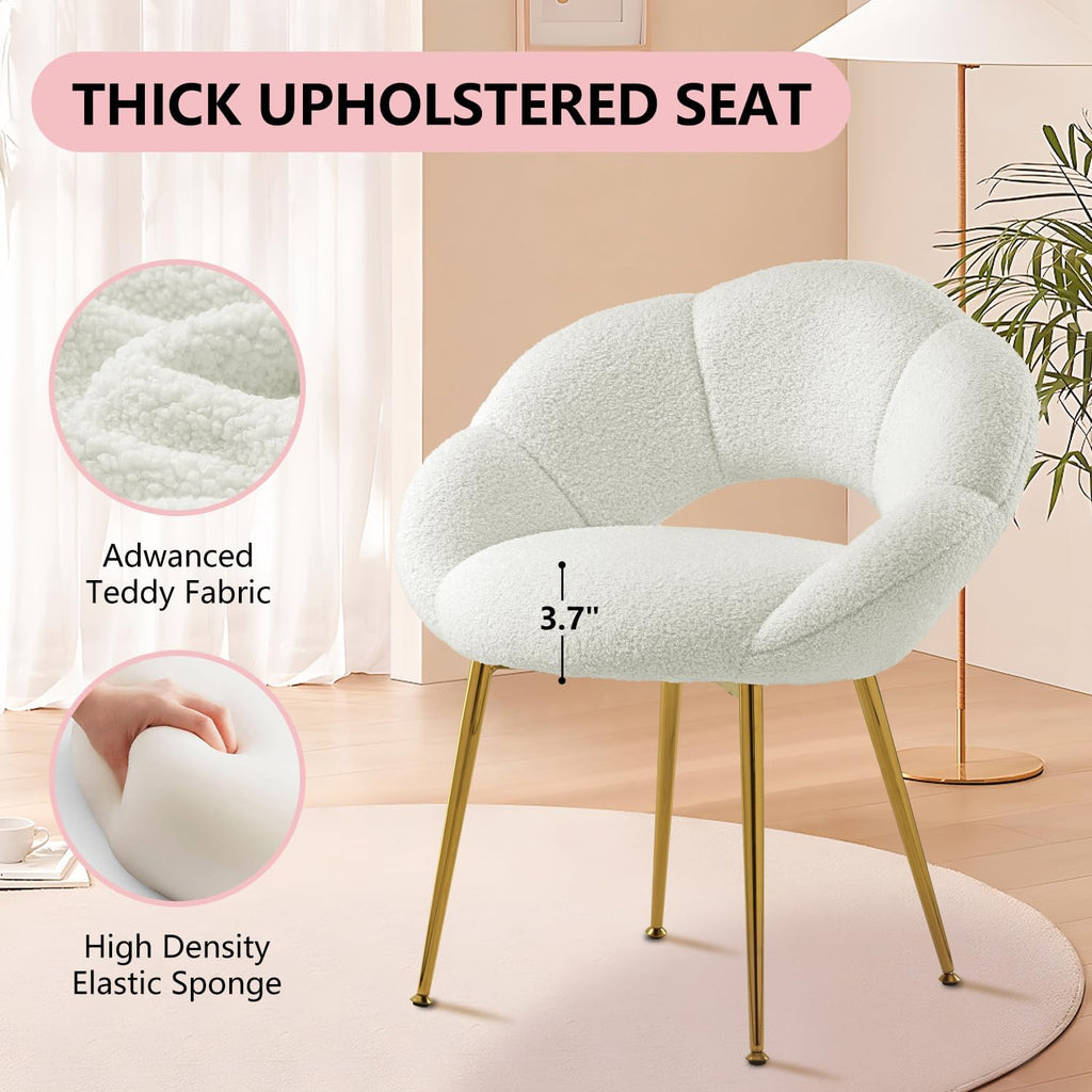 Petal Makeup Vanity Chair with Back,Modern Dining Chair,Upholstered Desk Chair for Girls with Gold Metal Legs for Home Office,Bedroom, (White)