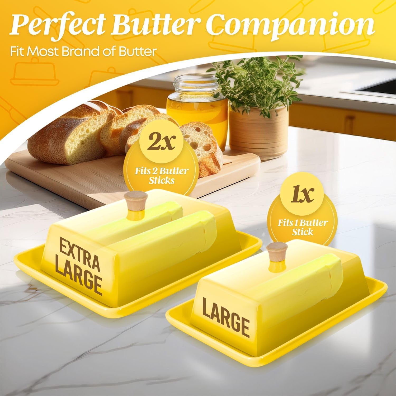 Flexzion Ceramic Yellow European Butter Dish with Lid for Countertop (7 Inch) - Wide 2 Stick Double Butter Holder for Counter, Cream Cheese Container Storage Keeper