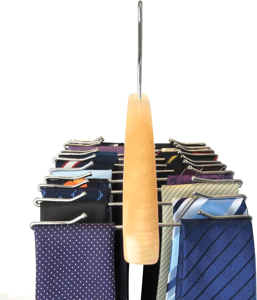 HANGERWORLD Hanging Tie Holder Organizer Rack - Premium Wooden Tie Hanger with 24 Folding Accessory Hooks for Closet Space Saving