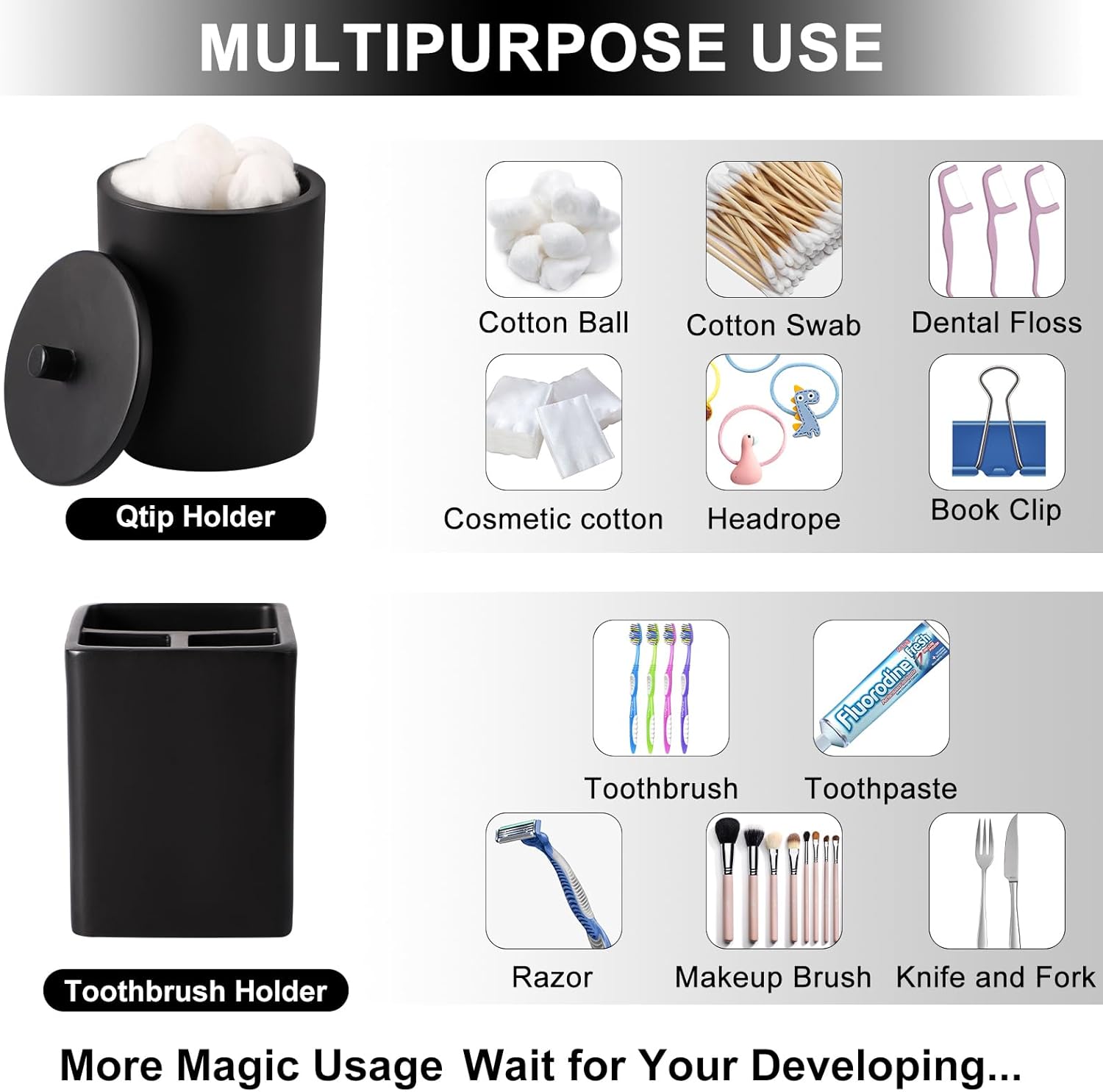 Resin 6 Pcs Black Bathroom Set Complete with Toothbrush Holder, Lotion Soap Dispenser, 2 Qtip Holder Dispensers,Vanity Tray,Bathroom Tumbler - Countertop Vanity Organizer - Bathroom Accessories Set