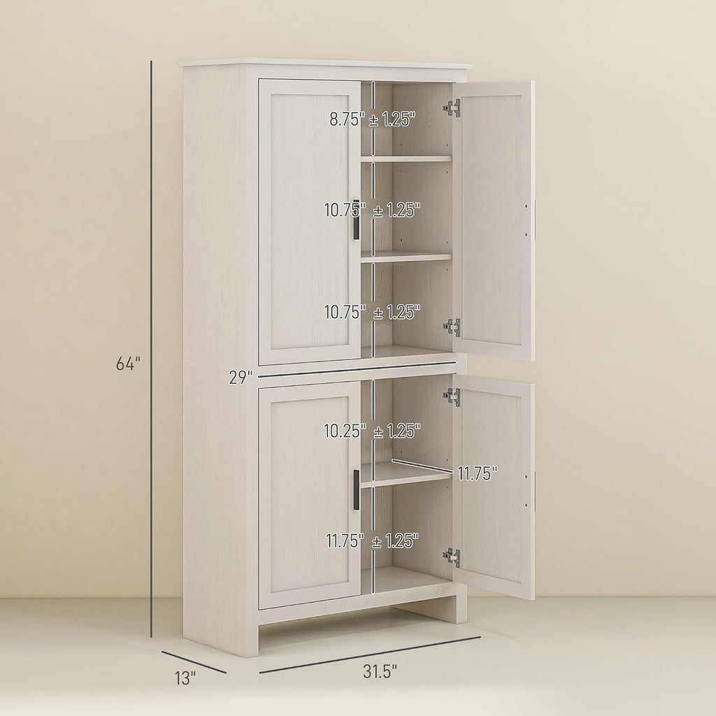 HOMCOM 64" Kitchen Pantry Cabinet Freestanding with 4 Doors Antique White | Storage Cabinet, 3 Adjustable Shelves, for Dining Room