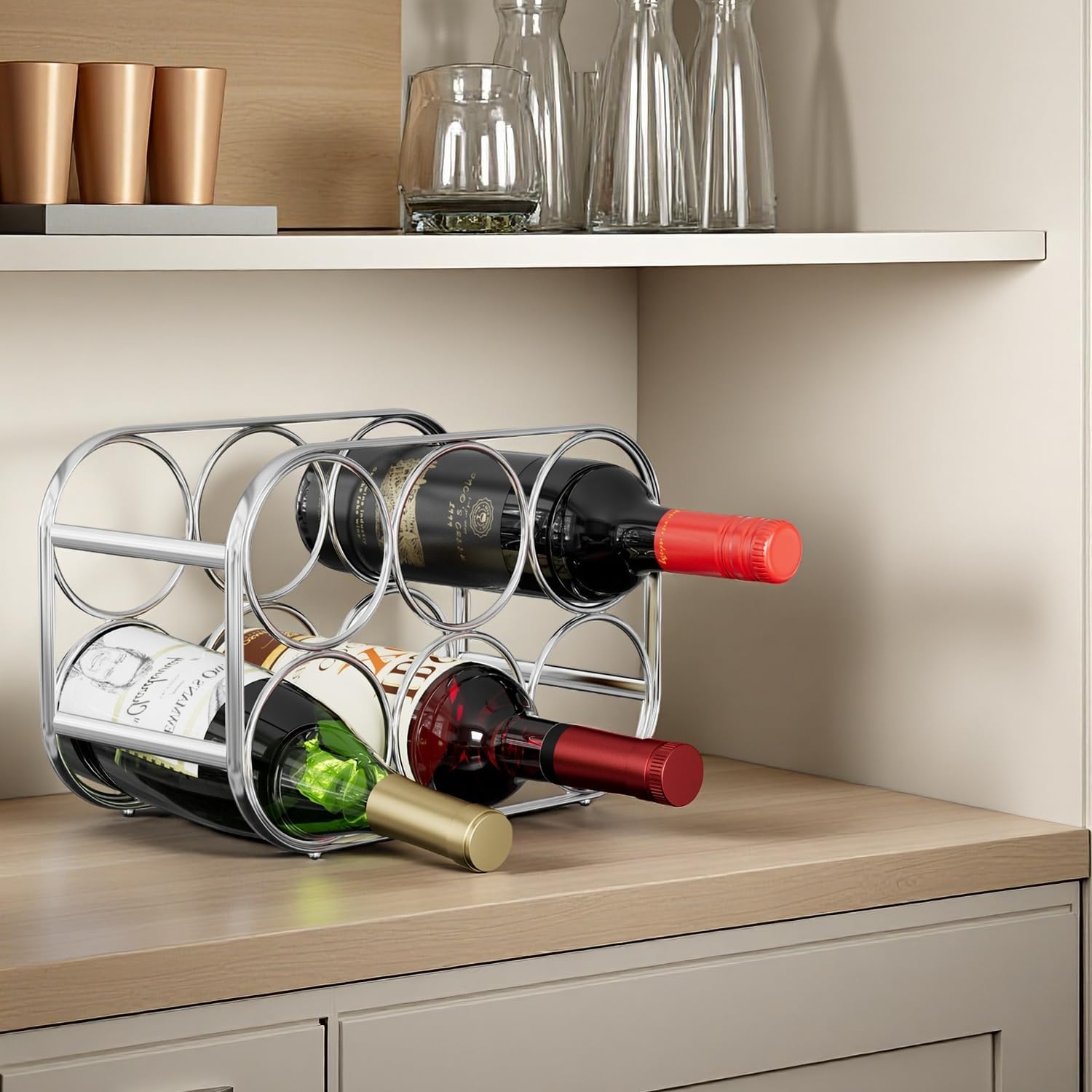 Buruis 6-Bottle Countertop Wine Rack, Metal Wine Bottle Holder, Chrome | No Assembly Required, Space-Saving Wine Storage, Kitchen Bar Organizer, Red & White Wine Display, Modern Home Decor