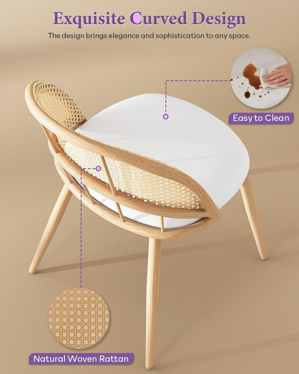 TYBOATLE Rattan Dinner Chairs Set of 4 with Faux Leather Cushion, Modern Dini...