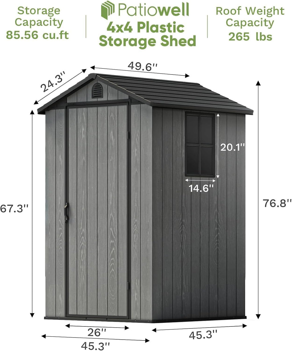Patiowell 4 x 4 FT Plastic Outdoor Storage Shed with Floor, Garden Tool Shed with Two Windows and Single Lockable Door for Garden, Backyard, Lawn, Easy to Install, Dark Grey(Fit-it Shed)