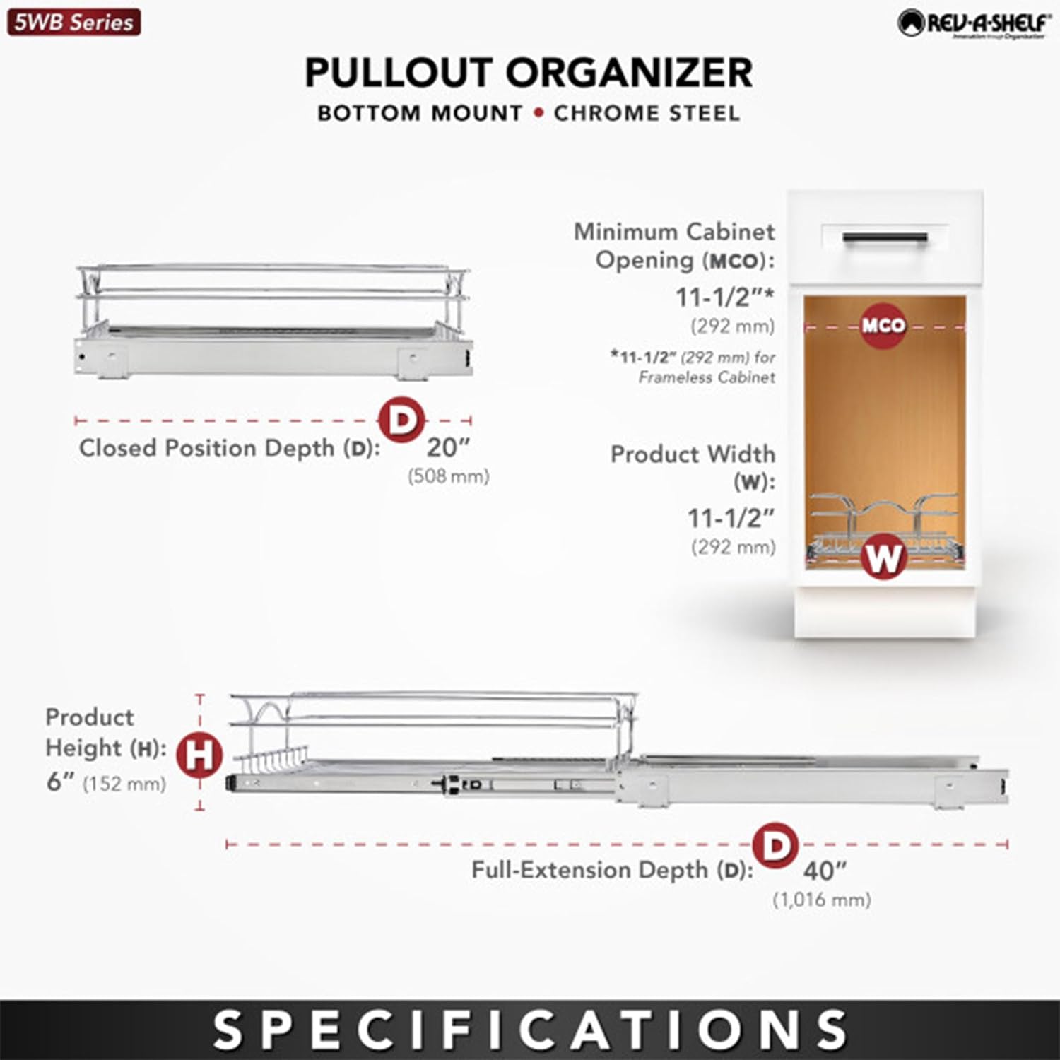 Rev-A-Shelf Kitchen Cabinet Pullout Shelf and Drawer Organizer Slide Out Pantry Storage Basket in Multiple Sizes, 12 x 20 In, 5WB1-1220CR-1