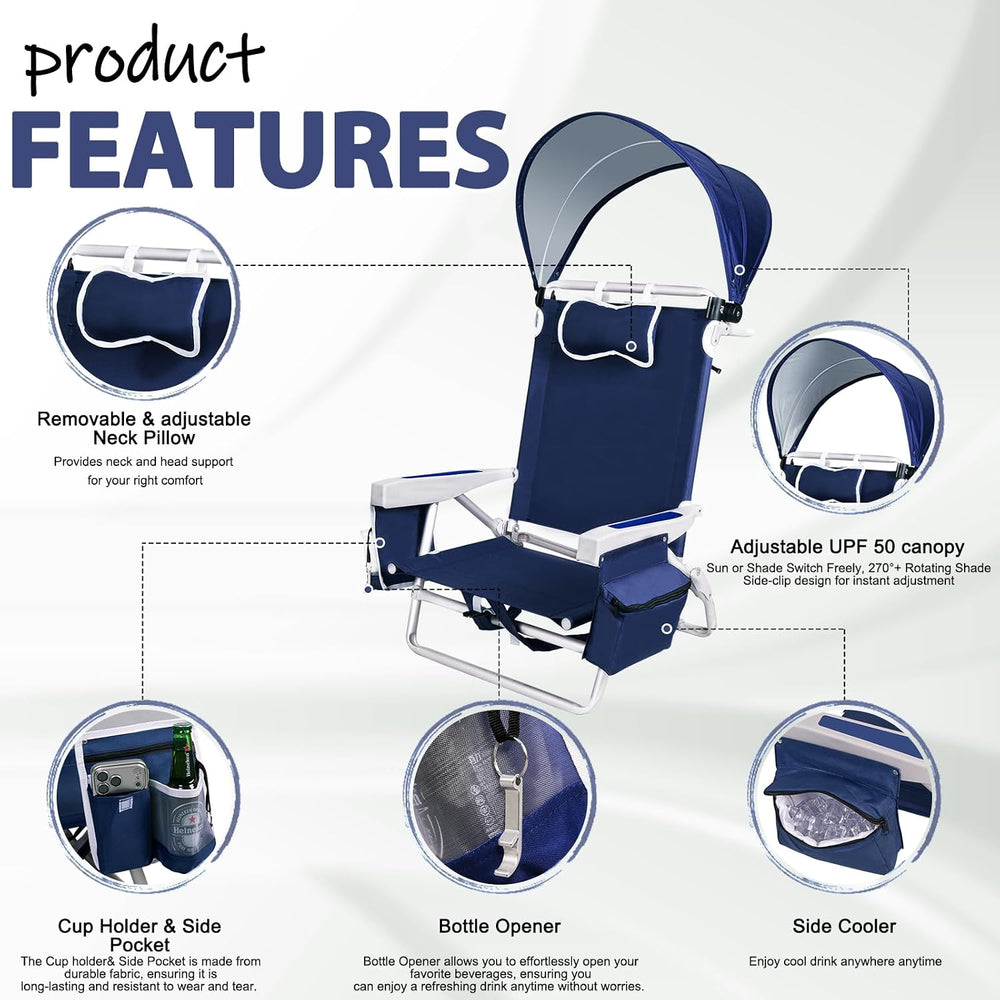 Beach Chair with Umbrella and Canopy Shade, Aluminum Backpack Beach Chairs fo...