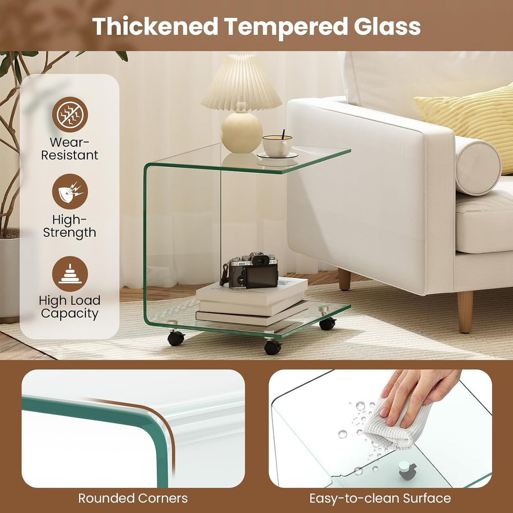 BECOMFORT Tempered Glass C-Shape End Table, Rolling Side Table with 4 Lockabl...