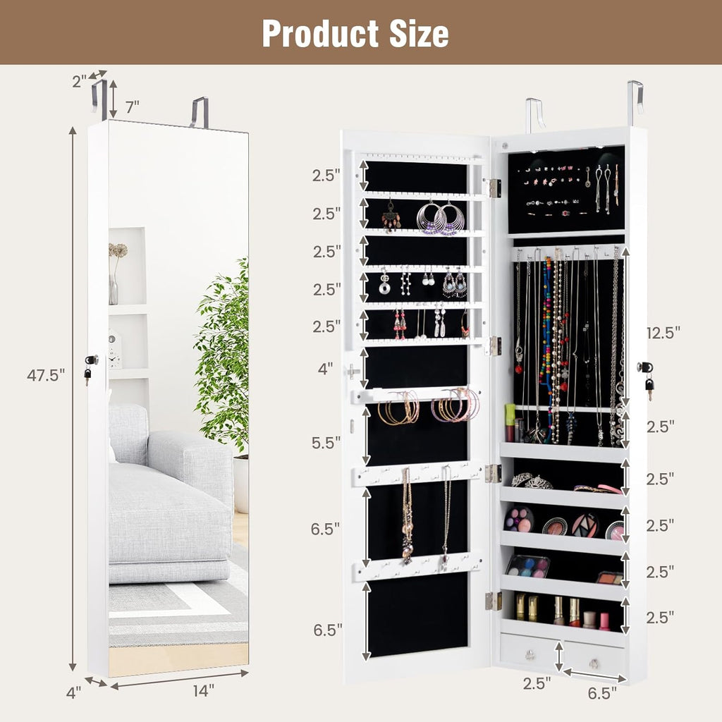 HAPPYGRILL Over the Door Jewelry Organizer, Hanging Jewelry Storage Cabinet w/Full-Length, Inner Makeup Mirror, Earring Shelves, Ring Slots, 25 Necklace Hooks, Wall Mounted Jewelry Armoire for Women