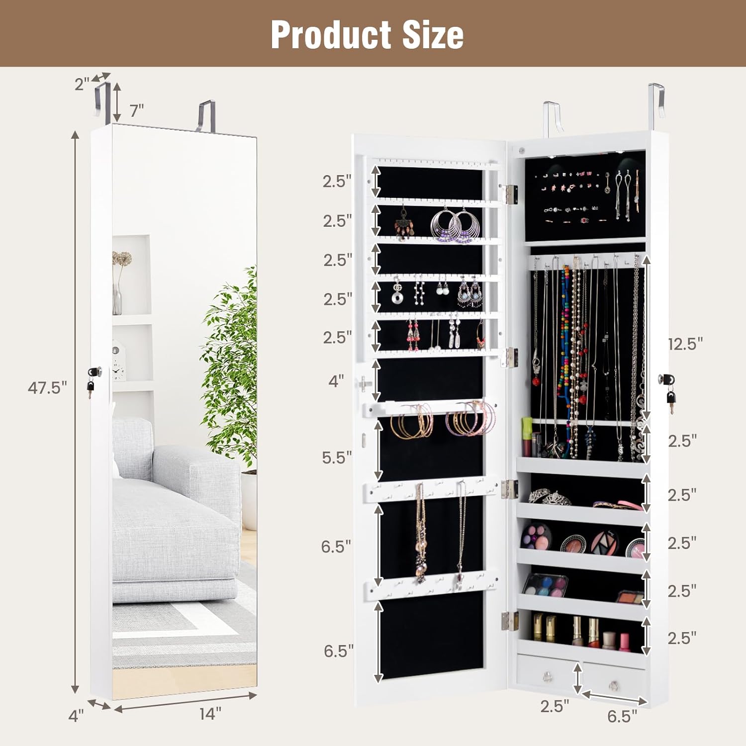 HAPPYGRILL Over the Door Jewelry Organizer, Hanging Jewelry Storage Cabinet w/Full-Length, Inner Makeup Mirror, Earring Shelves, Ring Slots, 25 Necklace Hooks, Wall Mounted Jewelry Armoire for Women