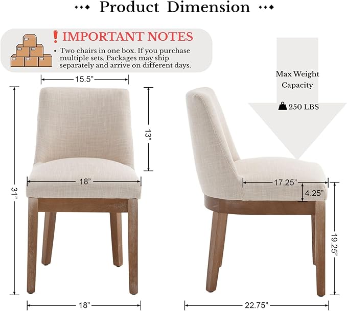 HNY Modern Dining Chairs Set of 4 with Comfortable Back Support, Farmhouse Soft Linen Upholstered Kitchen Dining Room Chairs with Solid Wood Legs, Armless Accent Side Chairs for Living Room, Beige