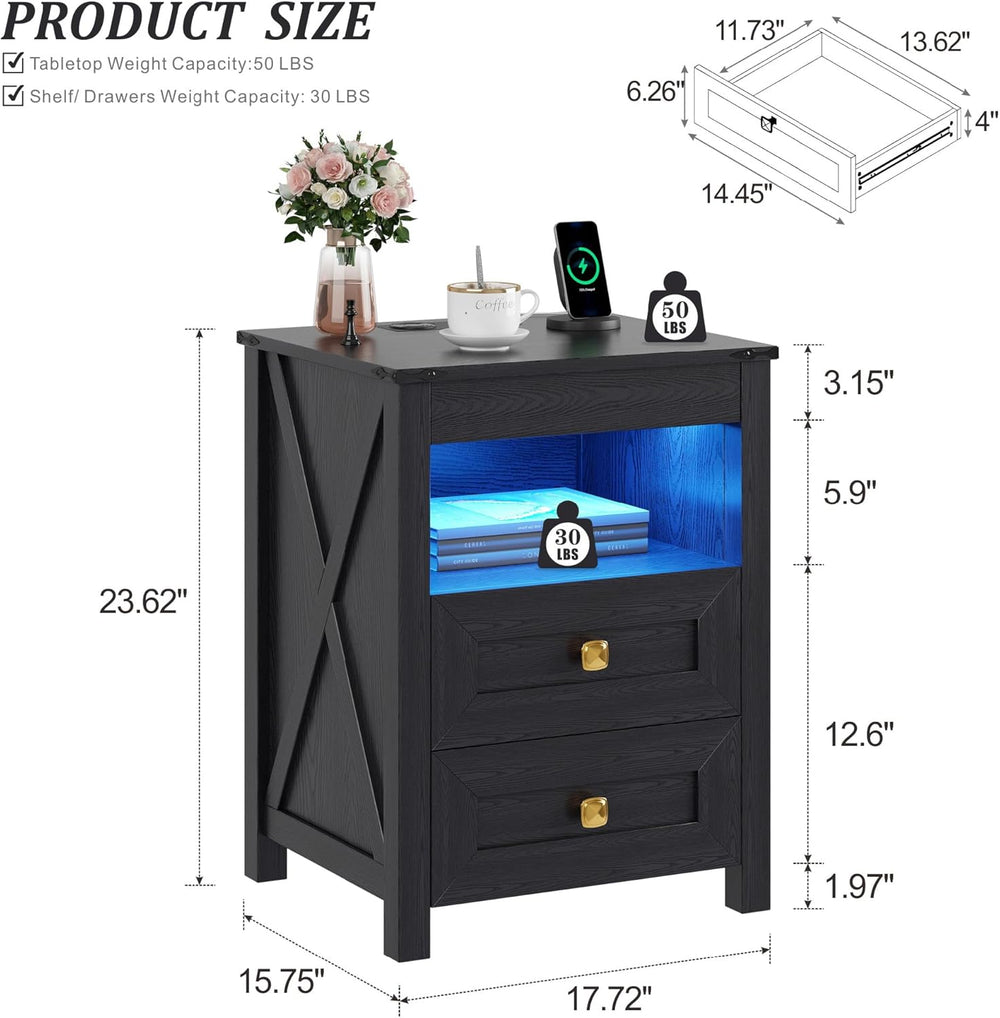 Farmhouse LED Nightstand Set 2 with Gun Drawer&Invisible Lock,Modern Beds...
