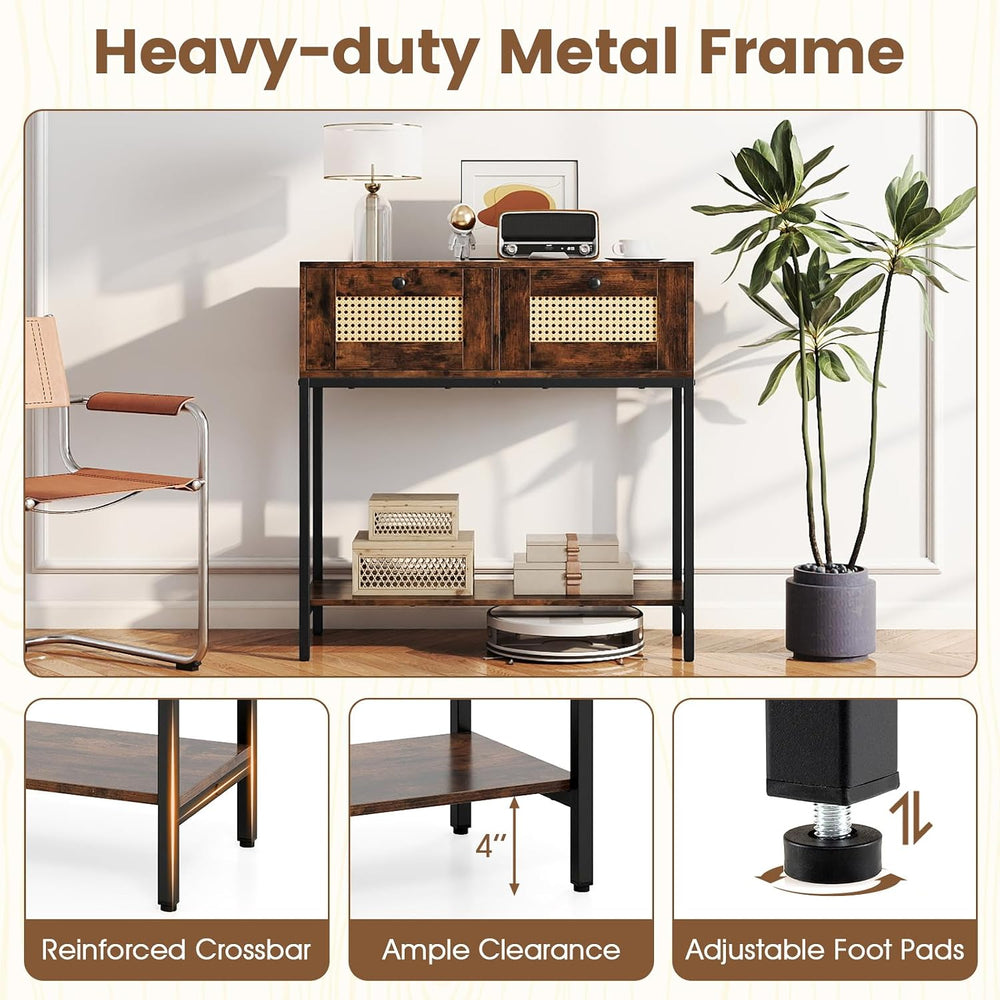 GOFLAME Rattan Console Table, Boho Entryway Table with 2 Drawers & Open S...