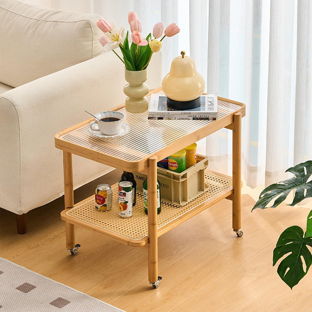 Bamboo Rattan End Table with Wheels, 2 Tier Modern Coffee Table Couch Side Ta...