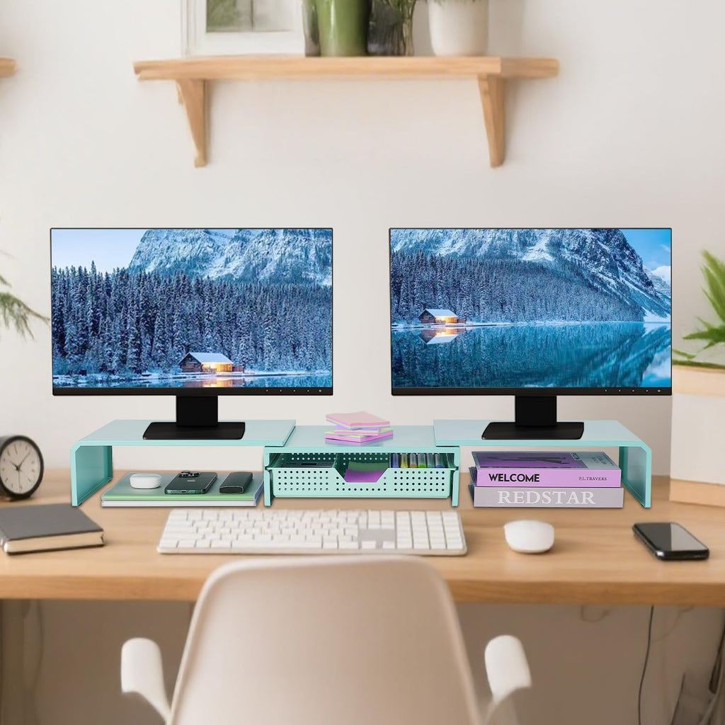 Dual Monitor Stand Riser with Drawer, Desk Organizer and Accessories, Metal Laptop Stand for Desk, Workspace Desktop Stand for Computer, Laptop, TV and More (Sky Blue)