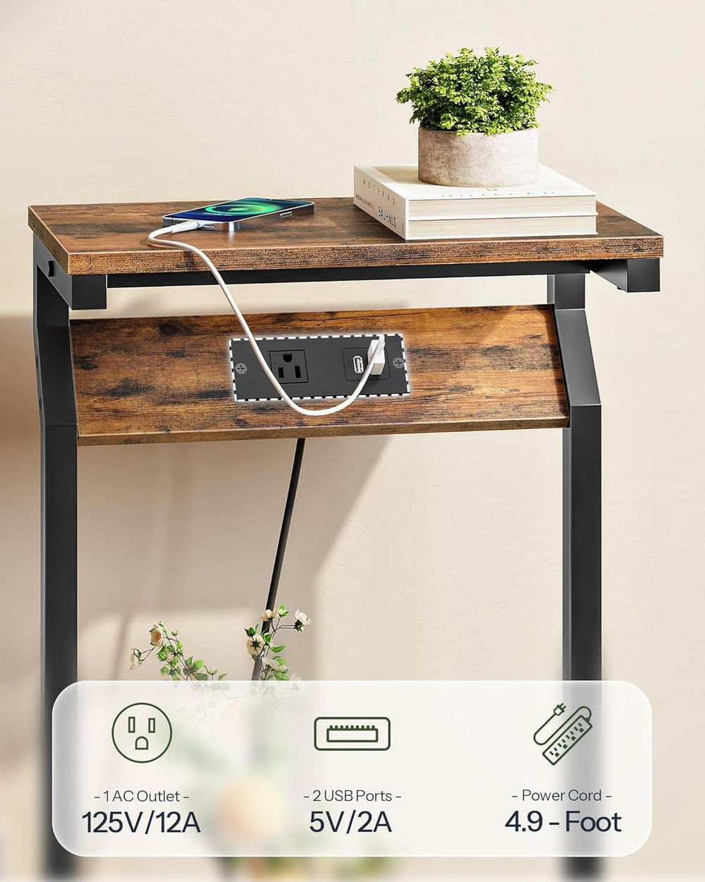 CHOEZON Narrow Side Table with Charging Station, 27" Skinny End Table fo...