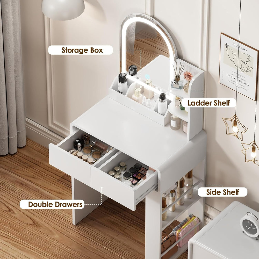 Vanity, Small Vanity Desk with Mirror and Lights, Side Shelf Storage Space, C...