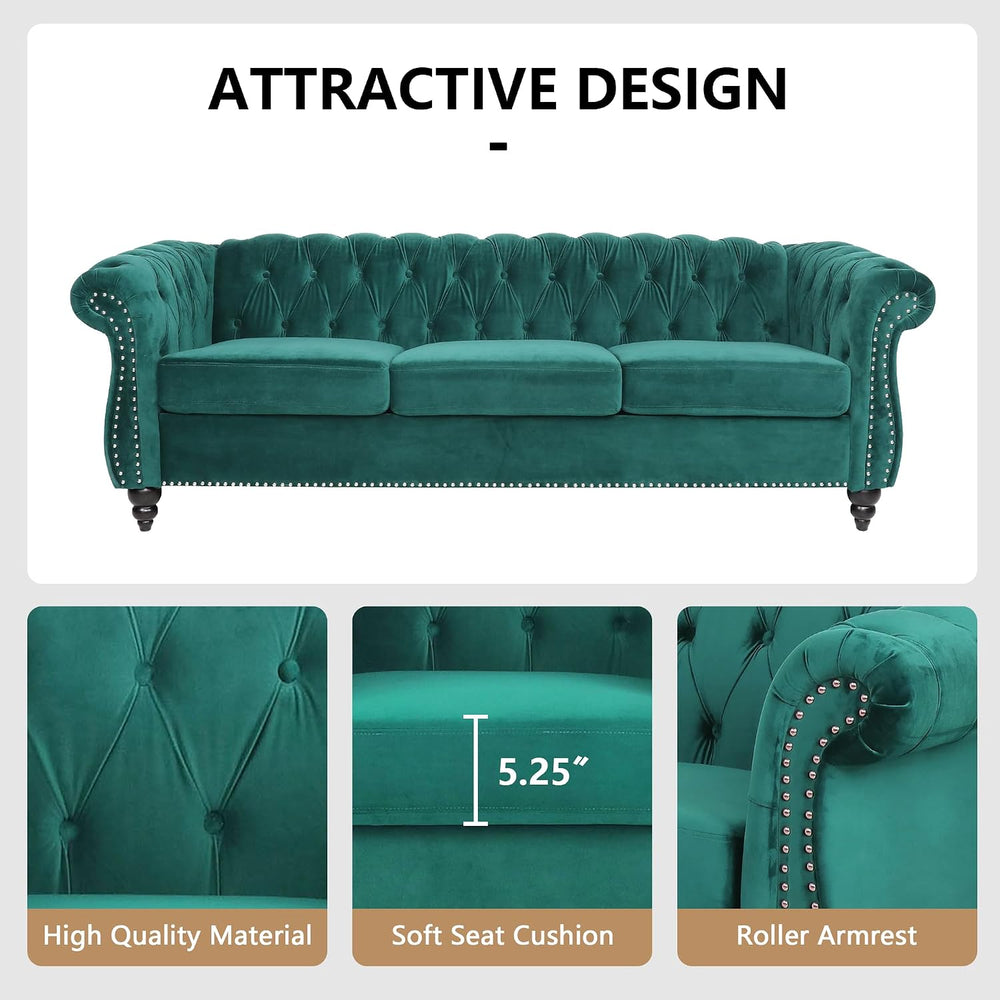 Velvet Sofa Couches Set, 3-Piece Mid Century Modern Upholstered Couch with Cu...
