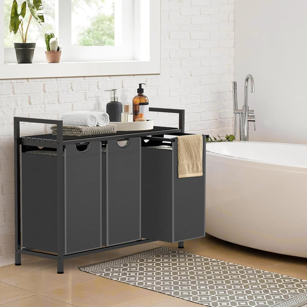 Laundry Hamper, Laundry Sorter with 3 Pull-Out Removable Oxford Fabric Bags Cloth Laundry Basket 3 x 10 Gallons (Grey and Charcoal Black)