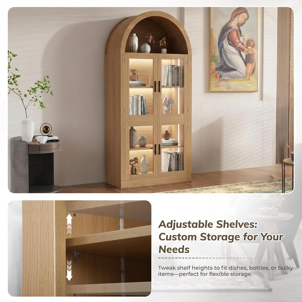 71” Tall Arched Kitchen Pantry with X-Pattern Glass Doors & RGB Lighting,...