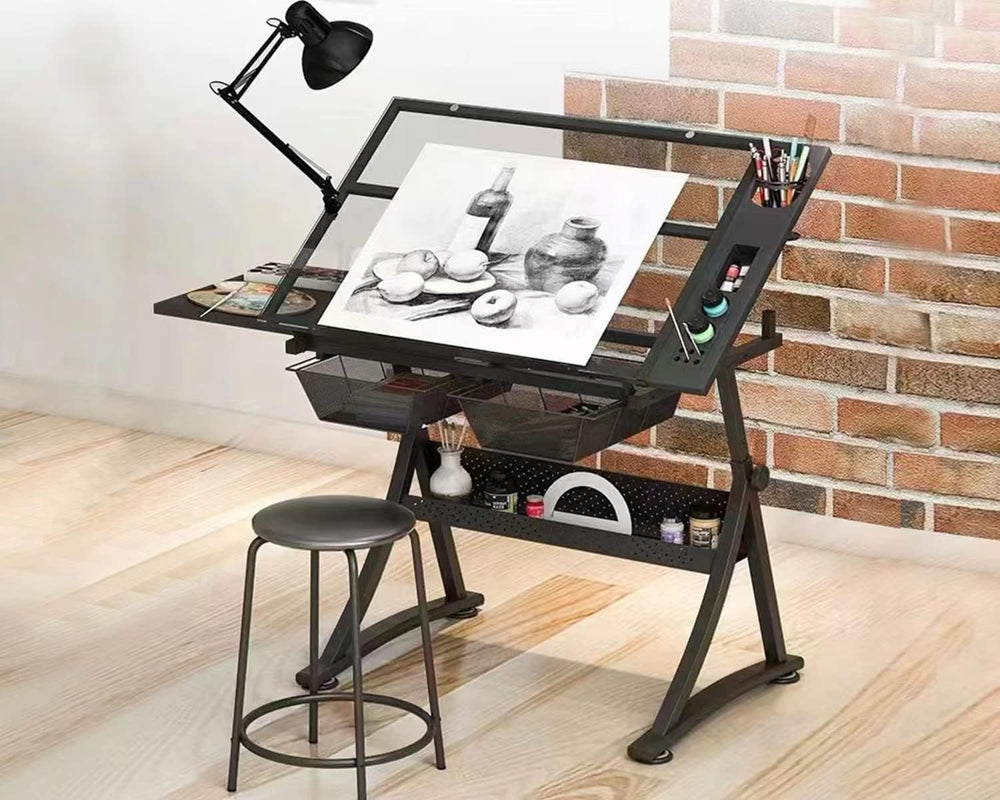 Glass Drafting Table Art Desk – Adjustable Professhional Artwork Drawing Draf...
