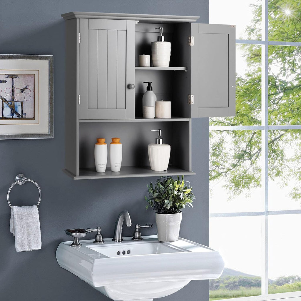 Tangkula Wall Mount Bathroom Cabinet Wooden Medicine Cabinet Storage Organizer with 2-Doors and 1-Shelf Cottage Collection Wall Cabinet (Grey)