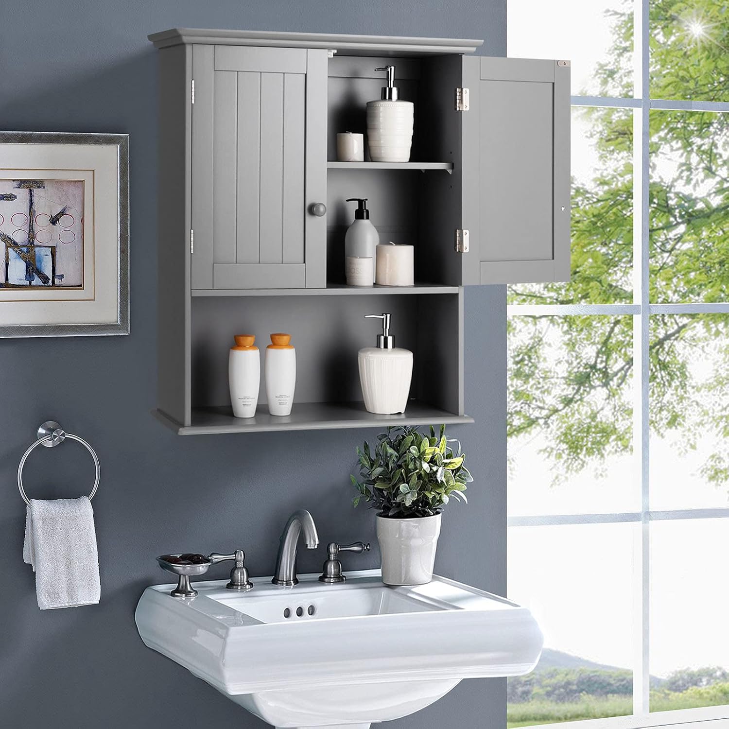 Tangkula Wall Mount Bathroom Cabinet Wooden Medicine Cabinet Storage Organizer with 2-Doors and 1-Shelf Cottage Collection Wall Cabinet (Grey)