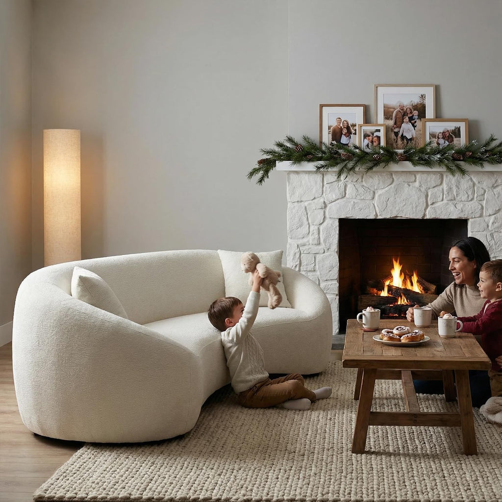 93.31” Modern Curved Sofa,Chenille & Velvet Fabric 3-Seater Couch with Solid Wood Frame,Luxury Cloud Sofa with 2 Throw Pillows,Minimalist Sofas for Living Room,Bedroom,No Assembly Required,White