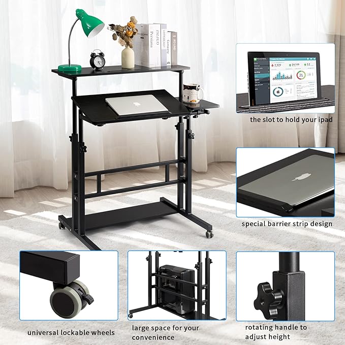 Hadulcet Mobile Standing Desk, Rolling Table Adjustable Computer Desk, Stand Up Laptop Desk Mobile Workstation for Home Office Classroom with Wheels, Black