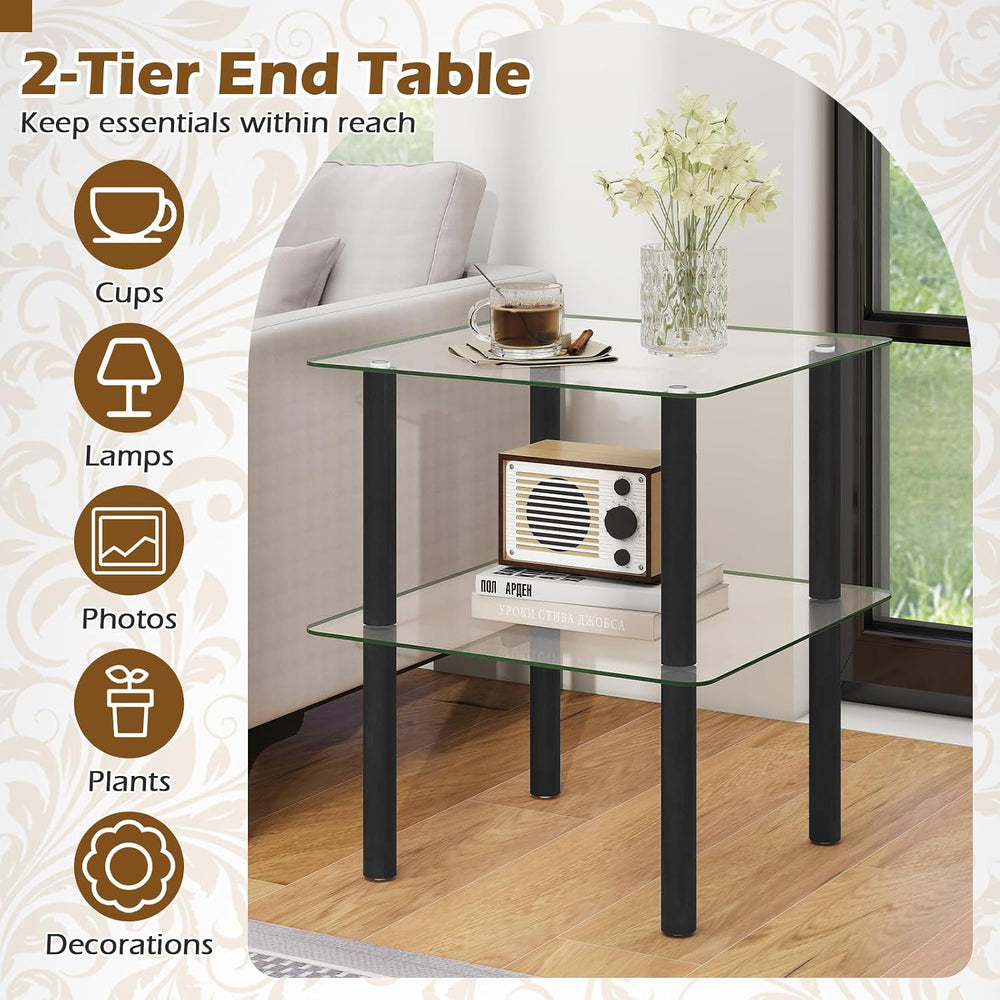 Giantex Square End Table, 2-Tier Sofa Side Table with Clear Tempered Glass To...