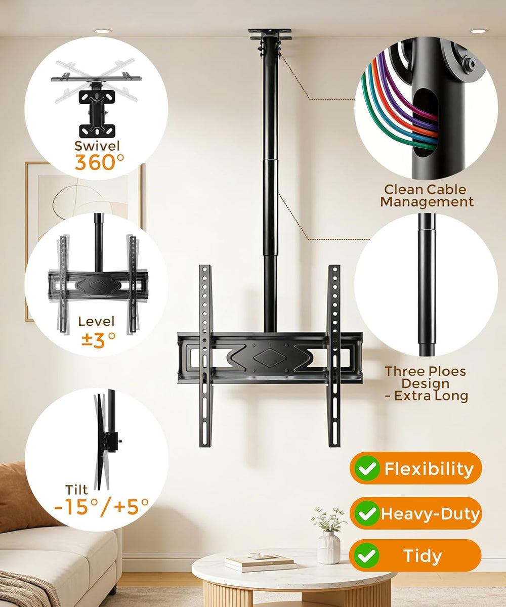 39” Ceiling TV Mount for 26-65 Inch LCD LED OLED 4K TVs, Heavy Duty Hanging T...