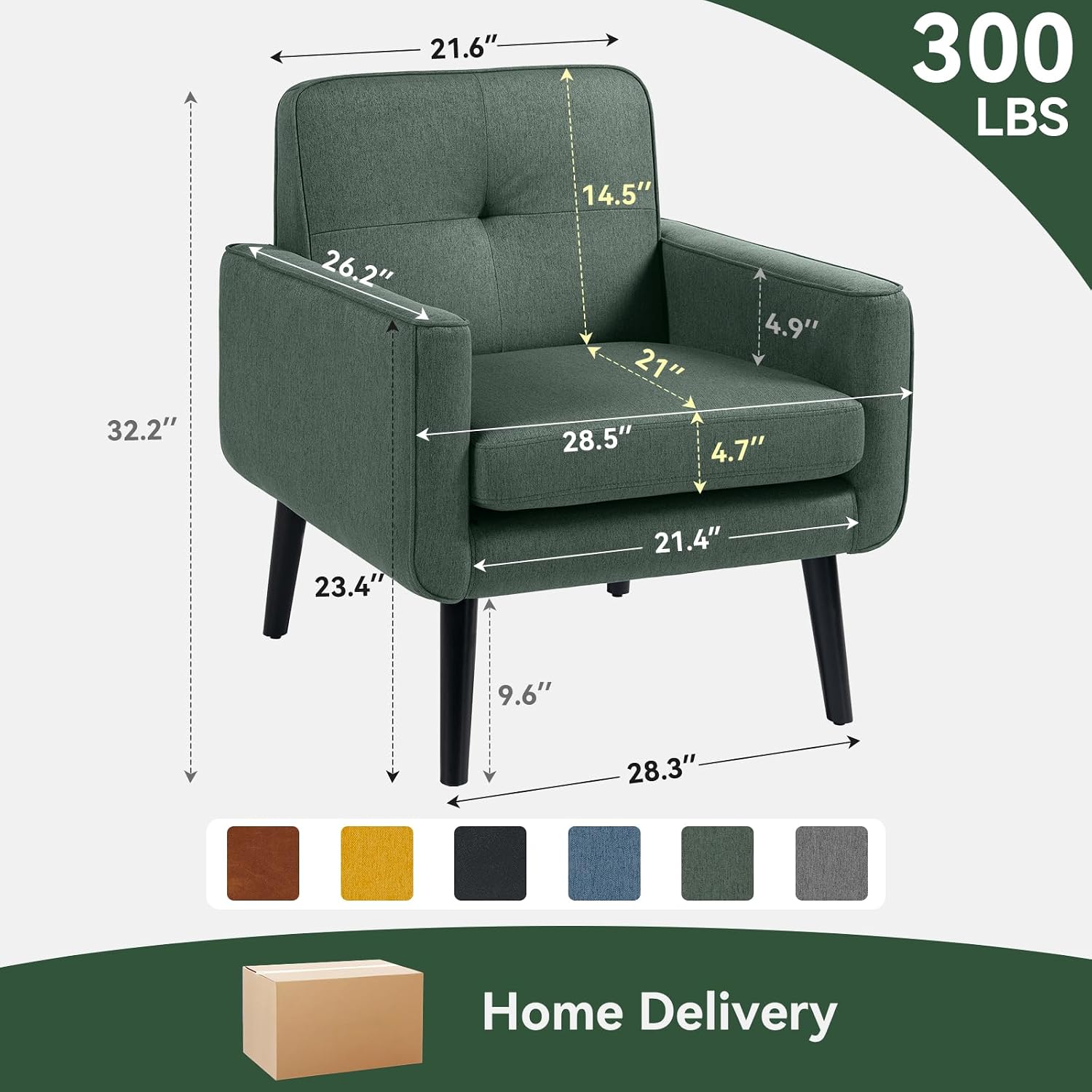 Mid Century Modern Accent Chair, Fabric Reading Armchair, Green | 300LBS Capacity, Padded Seat, Stain-Resistant Fabric, Sturdy Wood Frame, Easy Assembly, Ideal for Living Room & Bedroom