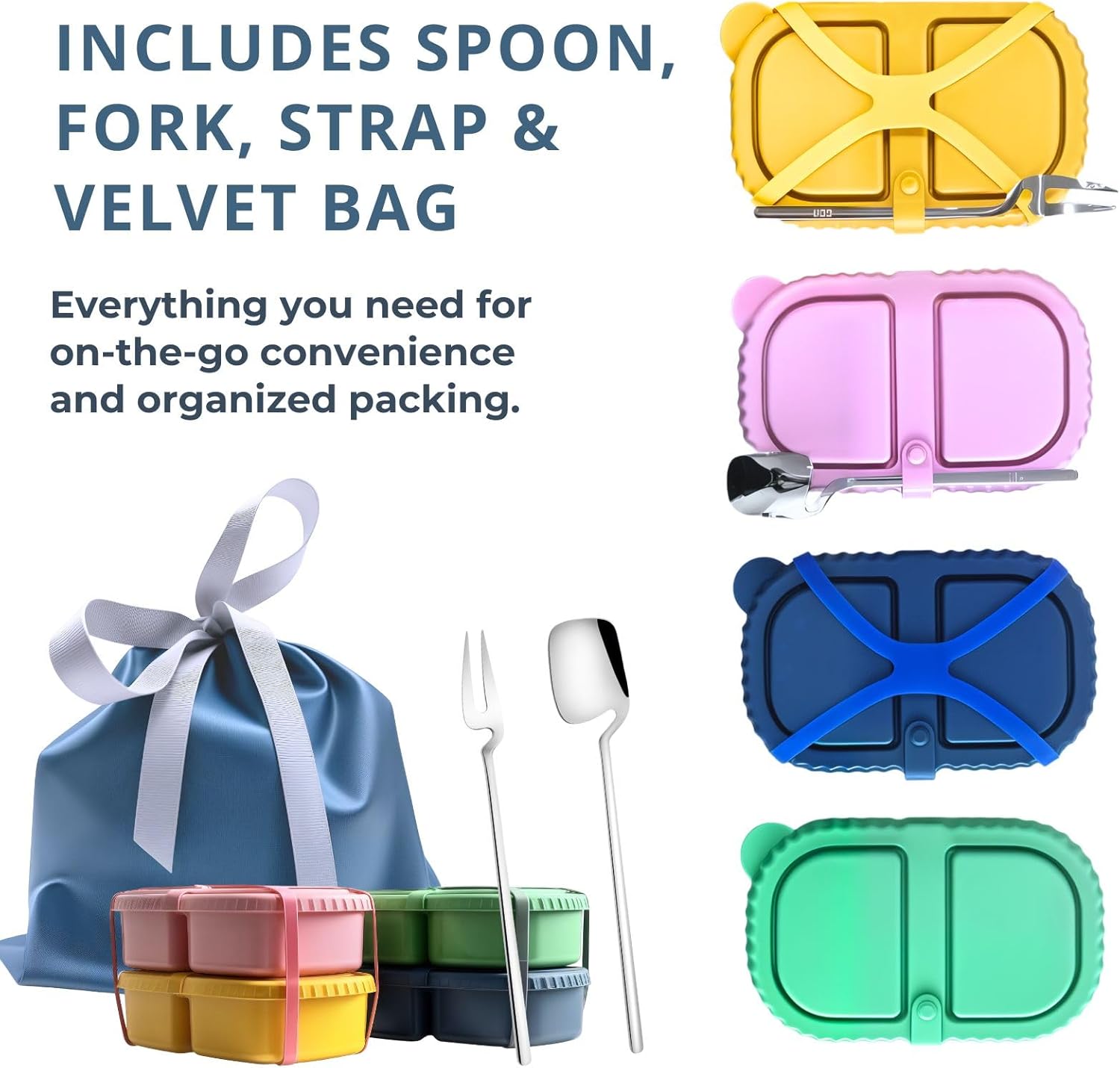 4 Pack Reusable Silicone Snack Containers with Lid, Strap, Spoon & Fork-2 Compartments Portable Mini Containers，Silicone Snack Storage Box for Picnic, Office, School(blue+green+pink+orange)