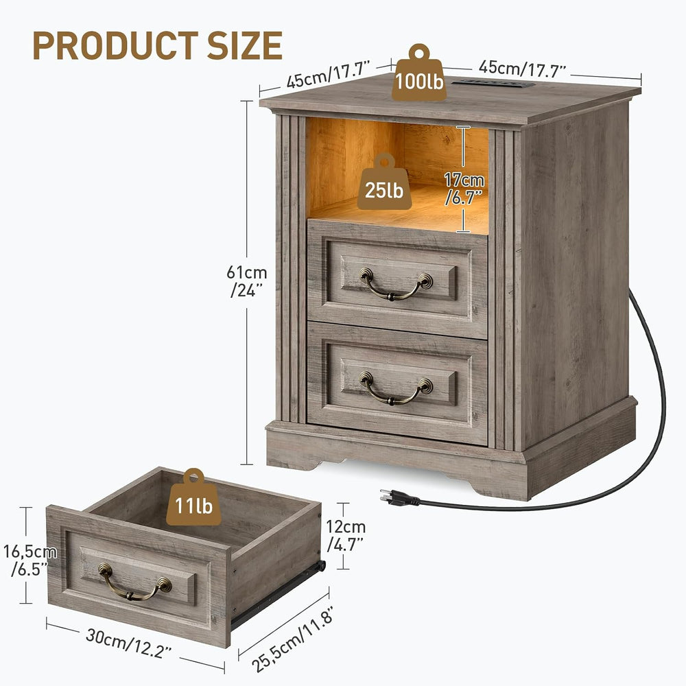 RALGEND Farmhouse Nightstand with Charging Station, Night Stand with 2 Drawer...