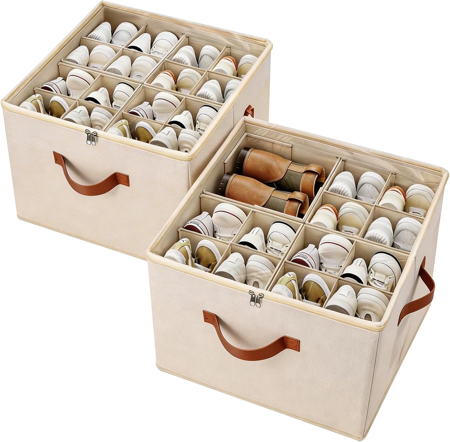 𝐌𝐄𝐂𝐈𝐍𝐅𝐔𝐋 Shoe Storage Organizer 2 Pack, Fabric Stackable Shoe Box with Clear Lid & Adjustable Dividers, Foldable Closet Organizer Fits 16-32 Pairs, Dustproof for Bedroom Entryway