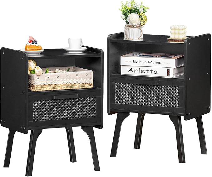 Lerliuo Rattan Nightstands Set of 2, Boho Side Table with Drawer Open Shelf, ...