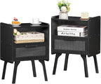 Lerliuo Rattan Nightstands Set of 2, Boho Side Table with Drawer Open Shelf, Cane Accent Bedside End Table with Solid Wood Legs for Bedroom, Dorm and Small Spaces (Black)