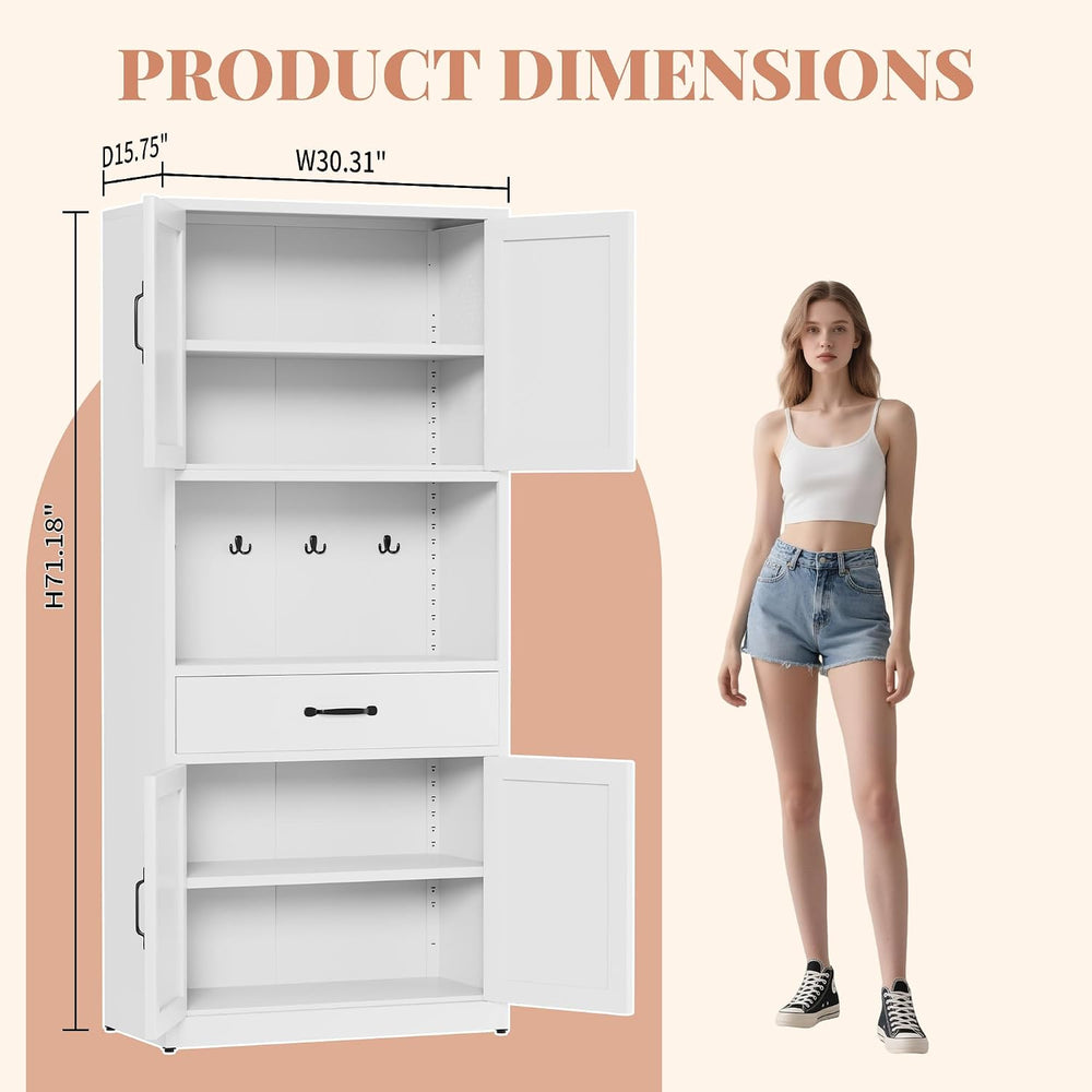 72" H White Steel Kitchen Pantry Storage Cabinet with Countertop | Metal...