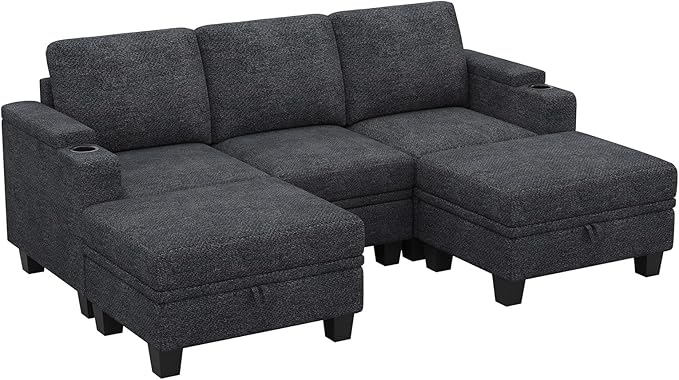 Belffin Small Corner Modular Sectional Couches for Living Room U Shaped Couch with Cup Holder Dark Grey Couch