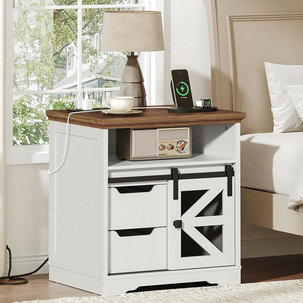 RALGEND Farmhouse End Table with Charging Station, Sofa Side Table with 2 Dra...