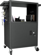 Mobile AV Cart with Push Handles, Heavy Duty Rolling Media Cart with Customized Pegboard & Hooks, Multipurpose Utility Cart with Extra Storage Space, 4 Outlets