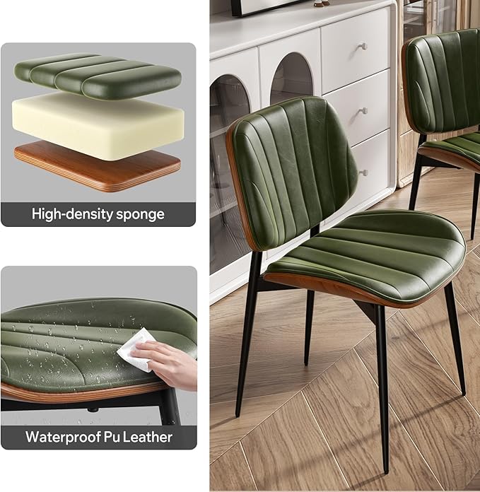 Dining Chairs Set of 8, Mid Century Modern Dining Room Chair, Upholstered Faux Leather Kitchen Chairs with Walnut Bentwood Back and Metal Legs for Kitchen Dining Room Living Room, Green