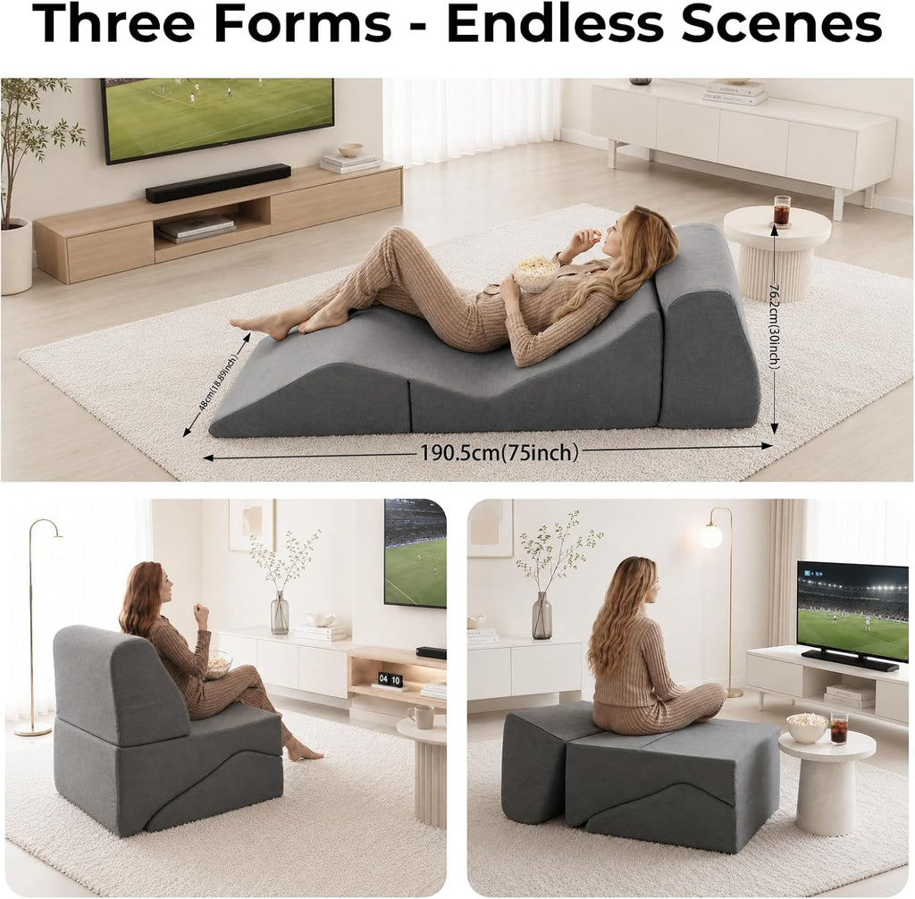 Yoga Chaise Lounge Chair Indoor, 3-in-1 Convertible Boneless Couch Bed | Corduroy Floor Sofa with Memory Foam, Zero Gravity Curved Design, No Assembly Required, for Bedroom, Living Room, Reading