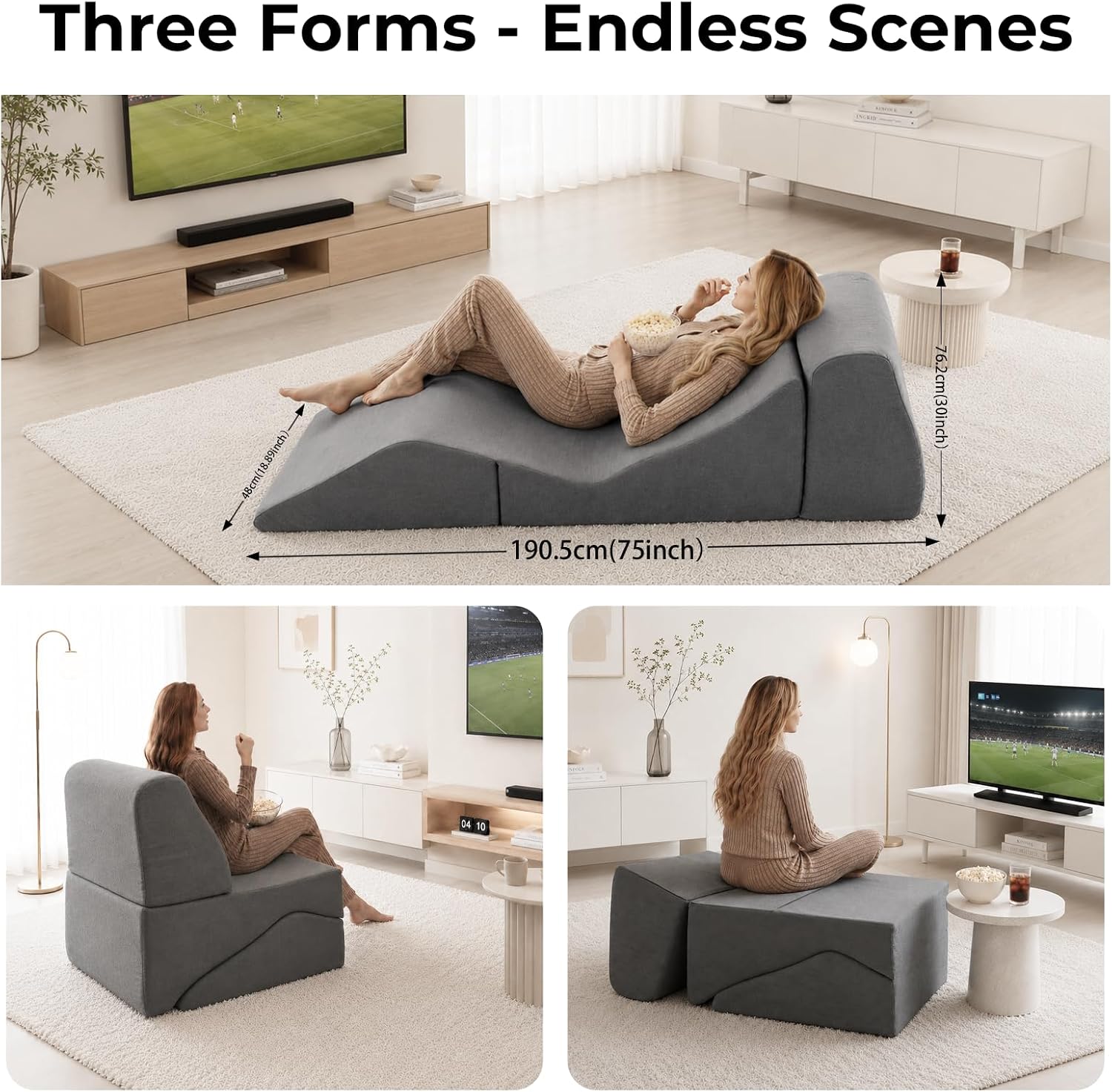 Yoga Chaise Lounge Chair Indoor, 3-in-1 Convertible Boneless Couch Bed | Corduroy Floor Sofa with Memory Foam, Zero Gravity Curved Design, No Assembly Required, for Bedroom, Living Room, Reading