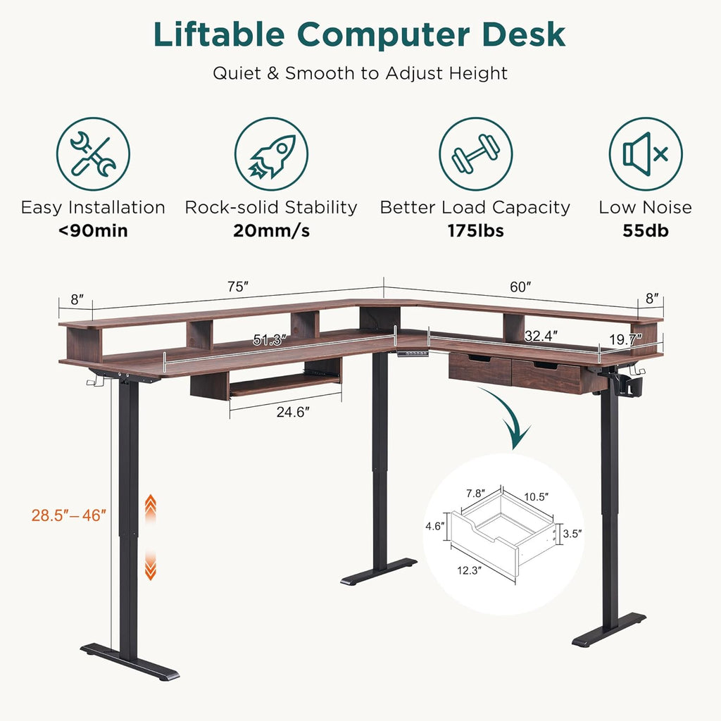 RedLemon 75X60 Inches L Shaped Electric Standing Desk, Height Adjustable Corner Gaming Desk with Drawers, Keyboard Tray, Power Outlets & LED Lights, Computer Desk with Monitor Shelf, Dark Walnut