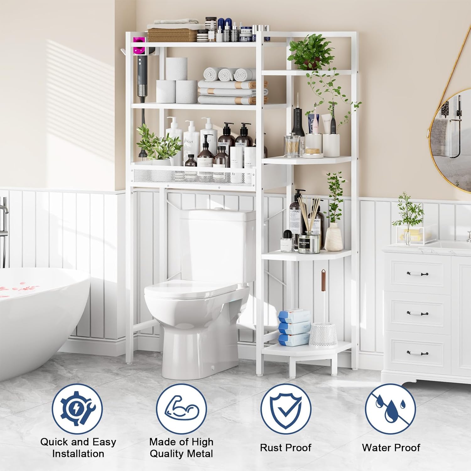 K1 Heavy Duty 7-Tier Over The Toilet Storage（With Basket and Paper Hook）Freestanding Above Toilet Shelf with Adjustable Feet，Space Saver Bathroom Shelves 9.3"D x 33.5"W x 63.8"H，Beige White